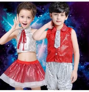 Red sequined boys girls children children baby toddlers kindergarten jazz dance modern dance stage performance t show school play outfits costumes clothes